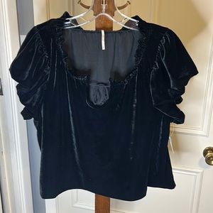 NWT Free People Terese Velvet Ruffled Keyhole Tie Neck Short Puffed Sleeve Top